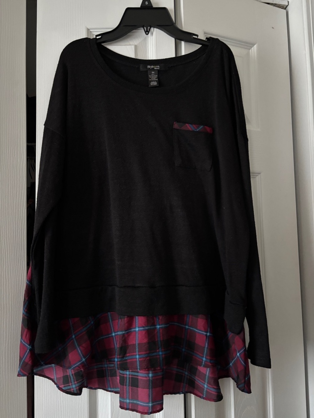 Style & Co. Black Long Sleeve Top with Plaid Hem